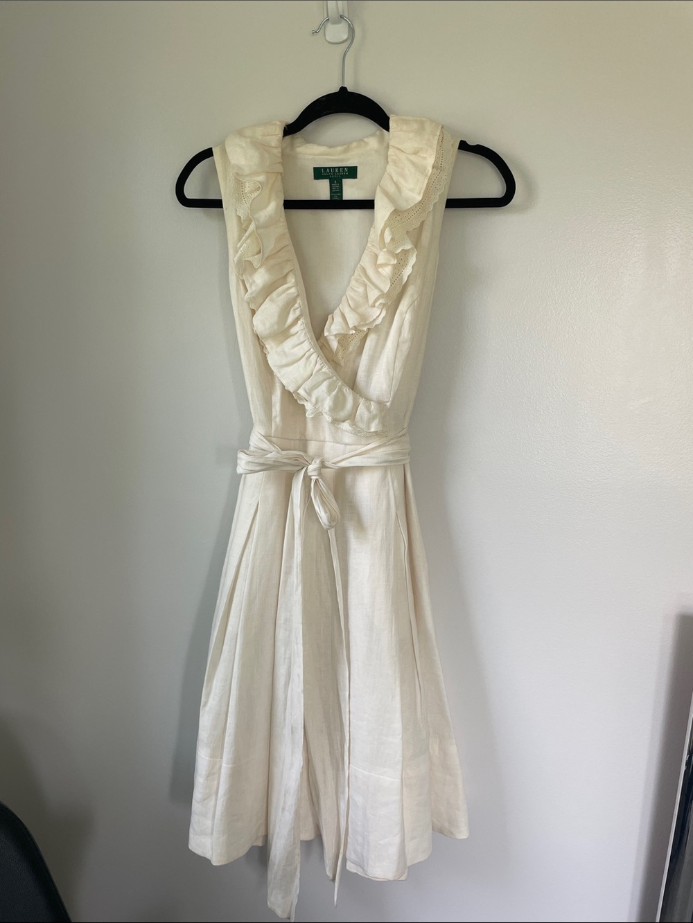 Ralph Lauren Ivory Ruffle V-Neck Tie-Waist Midi Dress